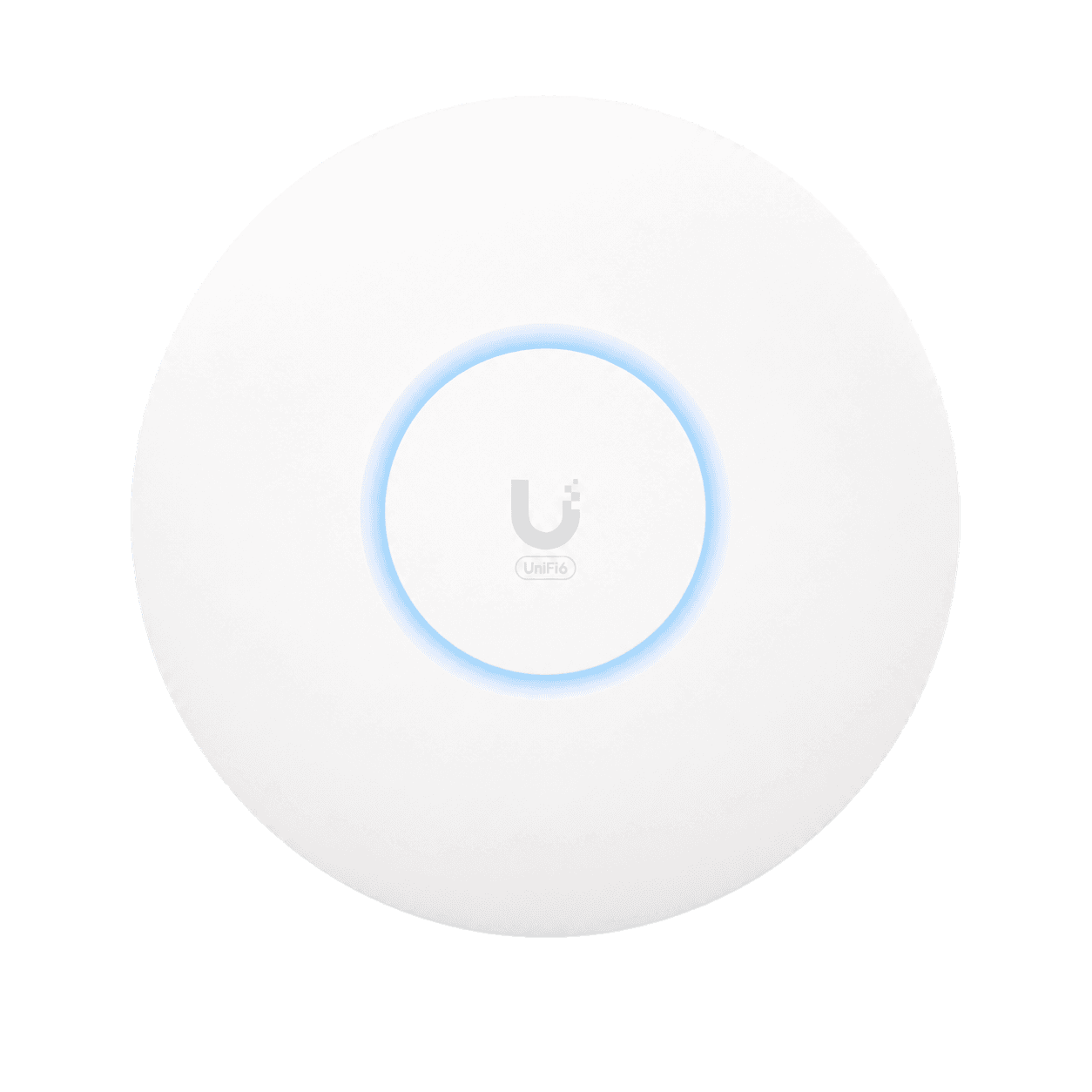 Equipo UniFi blanco visto de frente con el indicador LED azul encendido